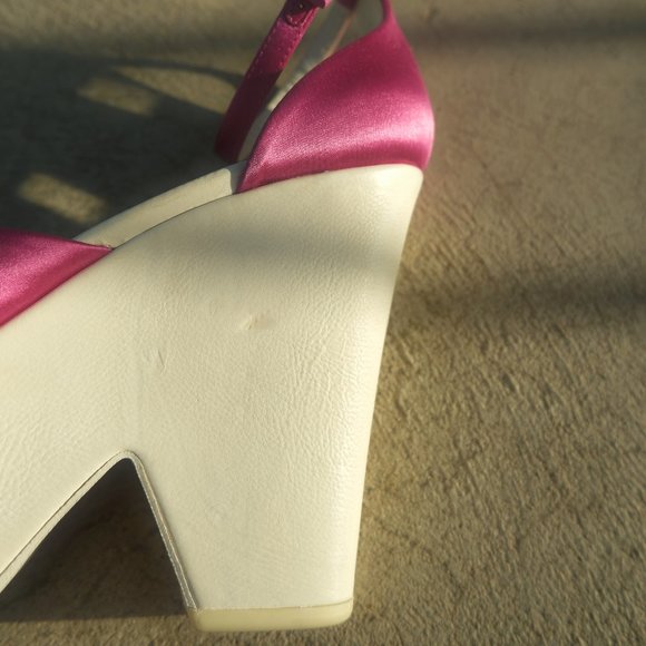 Celine Pink Satin Ankle Strap Cut Out Platform Wedge Sandals - Picture 5 of 7